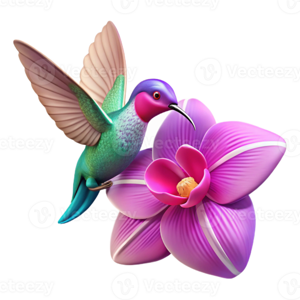 wonderful modern extraordinary creative A tiny hummingbird hovering near a vibrant fuchsia orchid, showcasing the iridescent sheen of its feathers and the delicate texture of the flower, in a... png