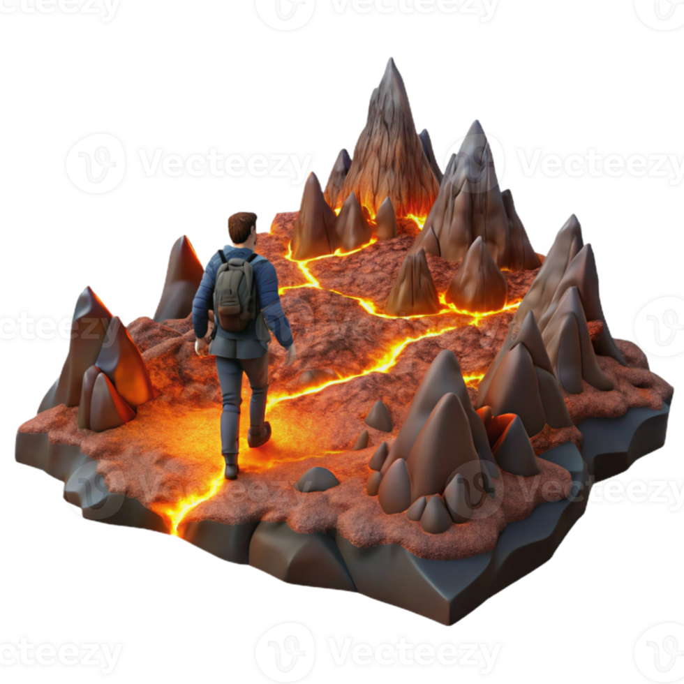 impressive artistic serene minimalist A lone wanderer traversing a desolate, volcanic landscape, fiery, dramatic lighting, apocalyptic style professional professional png
