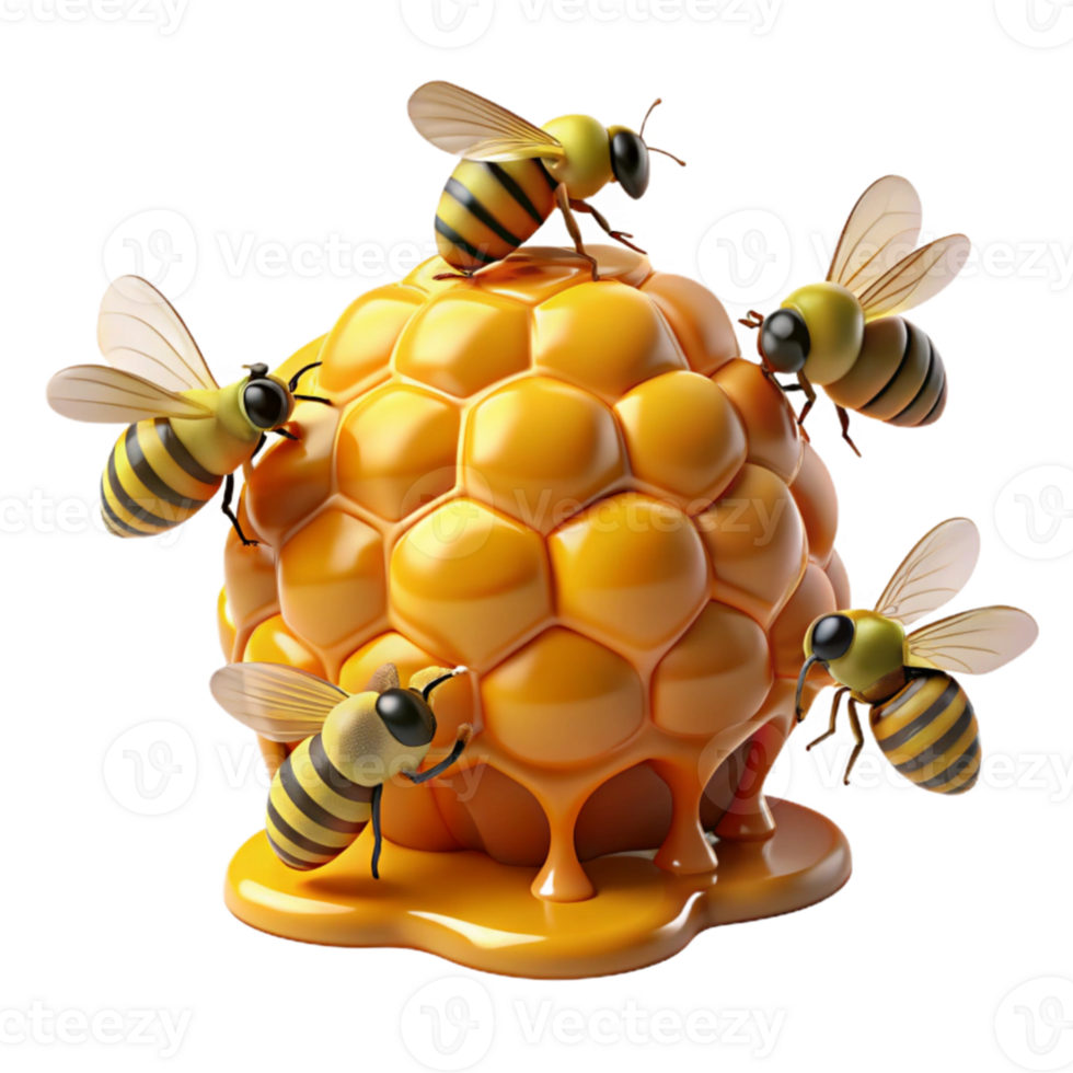 elegant rustic dramatic contemporary A swarm of honeybees buzzing around a honeycomb, dripping with golden honey, captured in macro photography with warm, natural lighting detailed authentic png