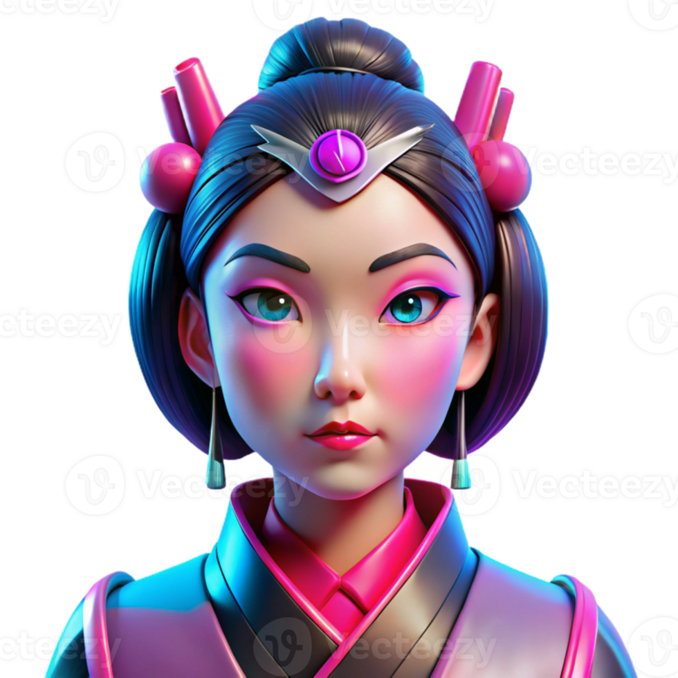 magnificent rustic vibrant rustic A cyberpunk geisha with vibrant pink and blue neon reflections on her face, intricate robotic accessories, and a melancholic expression.... png