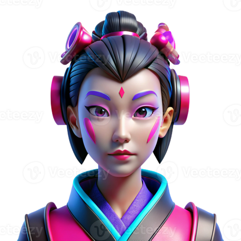 elegant creative extraordinary creative A cyberpunk geisha with vibrant pink and blue neon reflections on her face, intricate robotic accessories, and a melancholic expression.... png