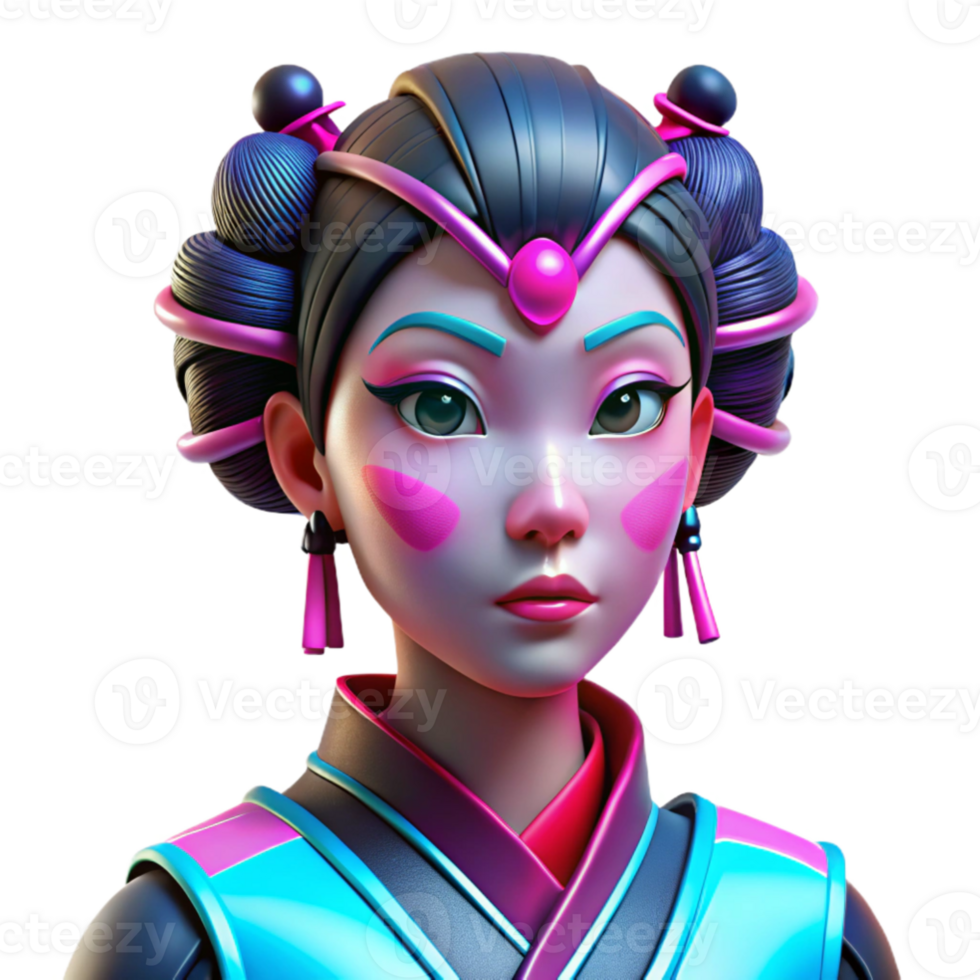 serene modern dramatic abstract A cyberpunk geisha with vibrant pink and blue neon reflections on her face, intricate robotic accessories, and a melancholic expression.... png