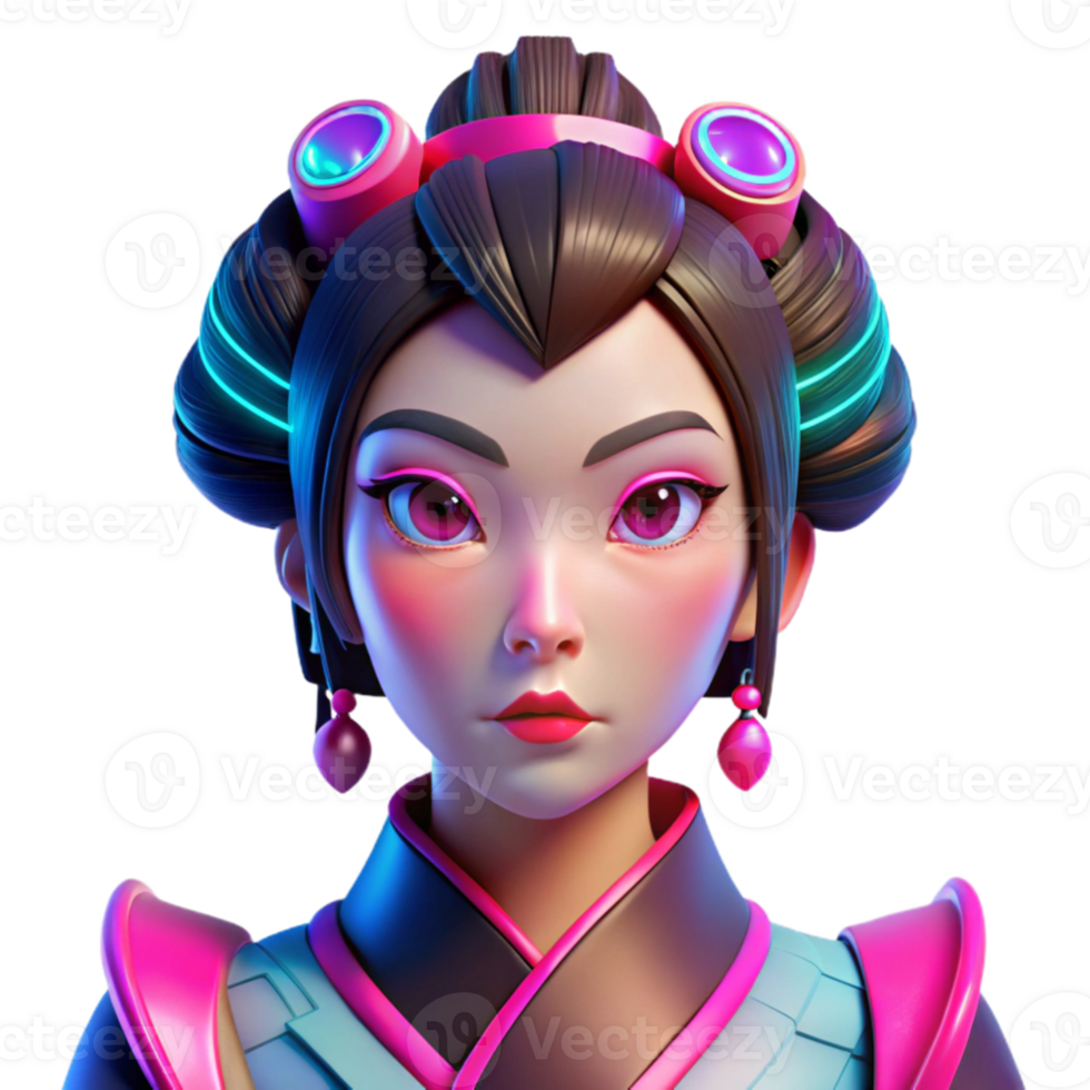 serene classic serene abstract A cyberpunk geisha with vibrant pink and blue neon reflections on her face, intricate robotic accessories, and a melancholic expression.... png