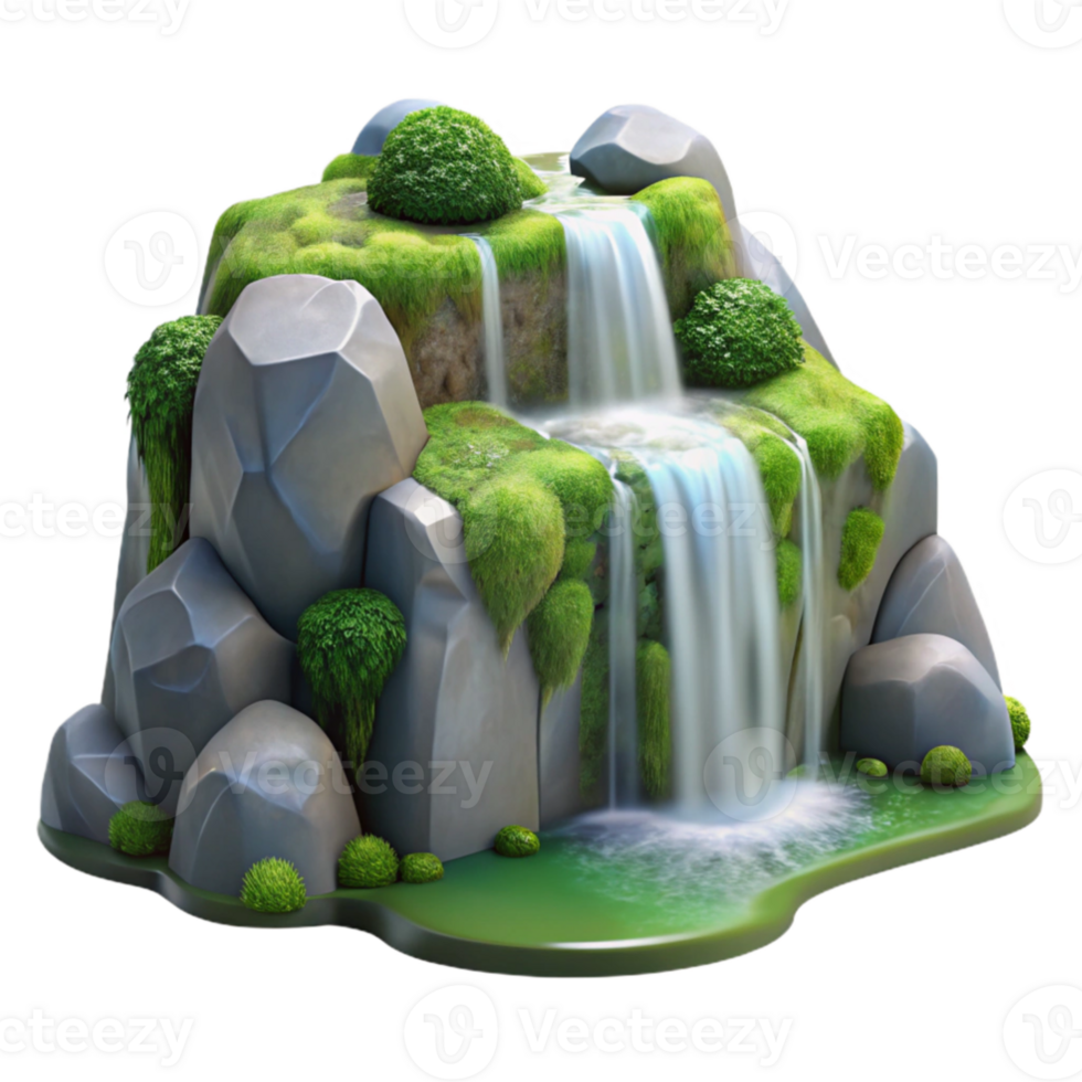 wonderful contemporary vibrant rustic A crystal clear waterfall cascading down mossy rocks, soft, diffused lighting, nature photography style authentic original png