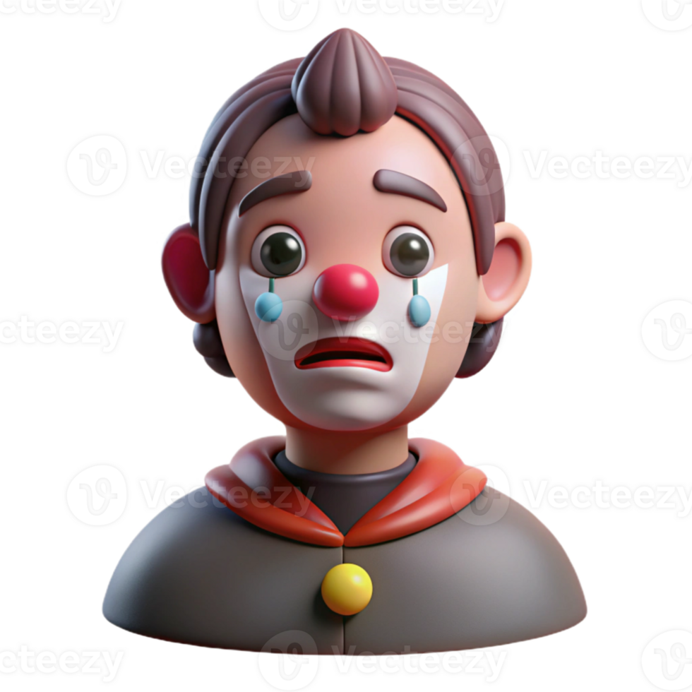 serene rustic dramatic modern Portrait of a melancholic clown with smudged makeup, a single tear rolling down their cheek, lit by a single spotlight in a dark, moody setting original high quality png