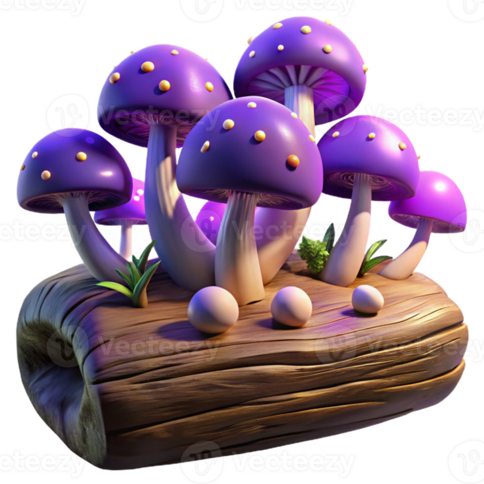 extraordinary abstract beautiful traditional A cluster of vibrant mushrooms growing on a fallen log, dark, moody lighting, fantasy art style professional high quality png