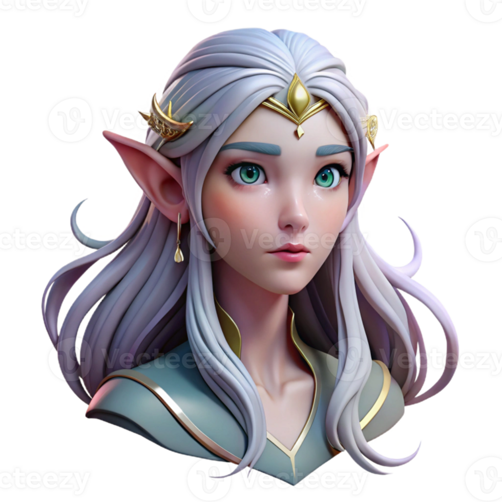 wonderful artistic elegant traditional Portrait of a beautiful elven princess with long flowing silver hair, delicate features, and a serene expression, lit by soft moonlight original high quality png