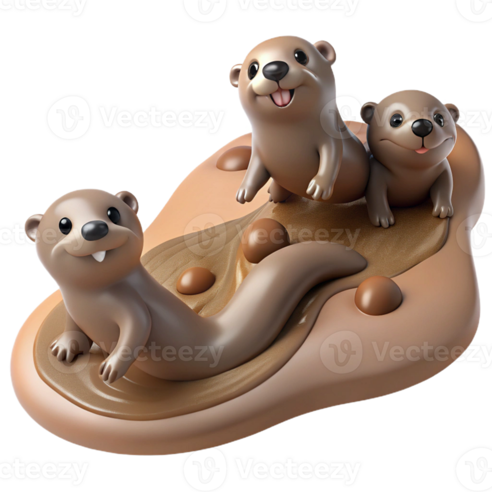 impressive contemporary extraordinary artistic A group of playful otters sliding down a muddy bank, dynamic pose, whimsical style, soft lighting, muted earth tones authentic professional png
