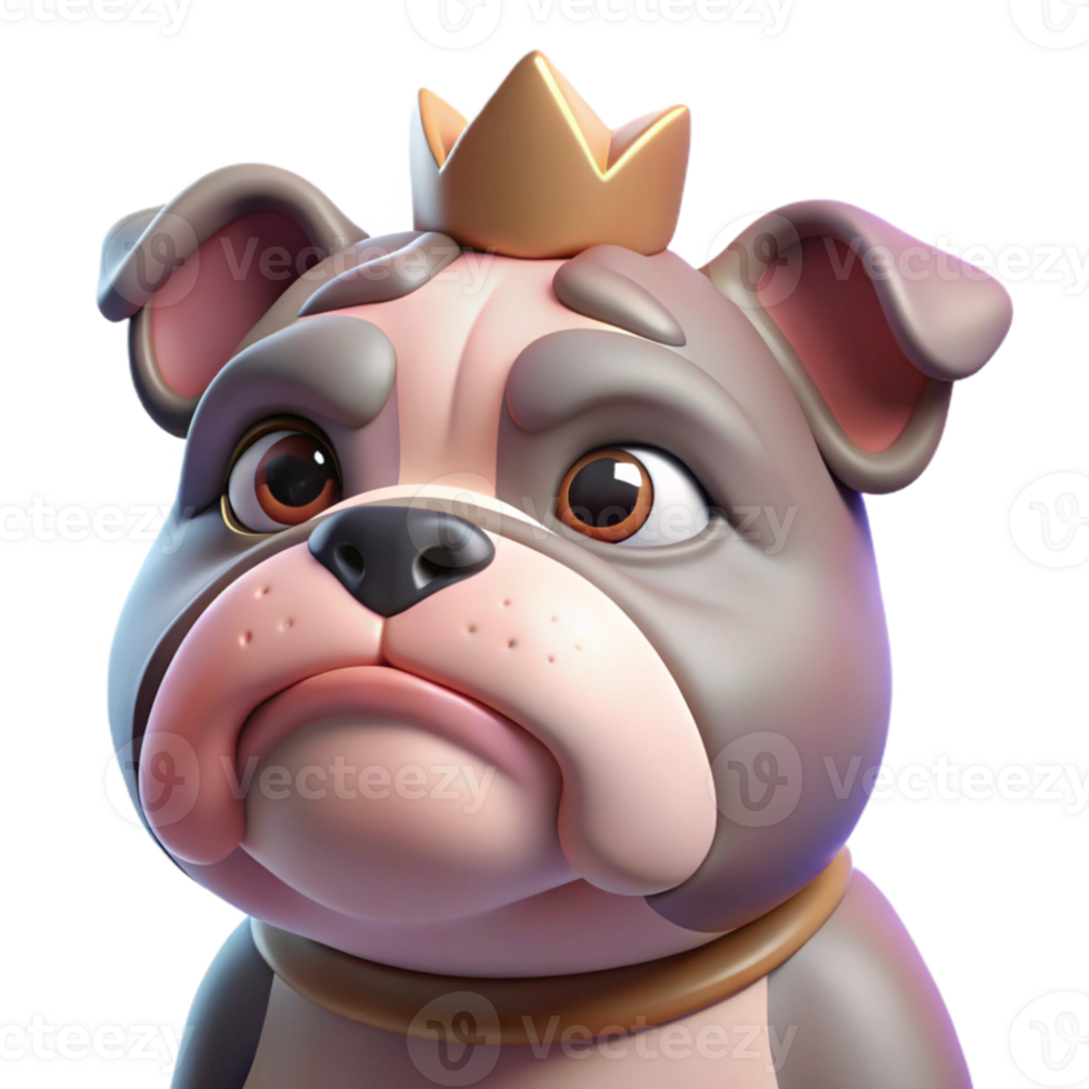 extraordinary modern magnificent rustic A grumpy-looking bulldog wearing a tiny crown, close-up portrait, humorous style, soft lighting, pastel colors premium exclusive png