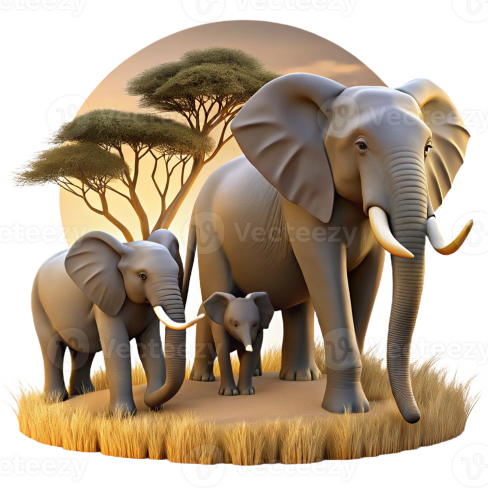 beautiful modern beautiful abstract A family of elephants walking across a dry savannah, dusty atmosphere, golden hour lighting, realistic style 4K 4K png