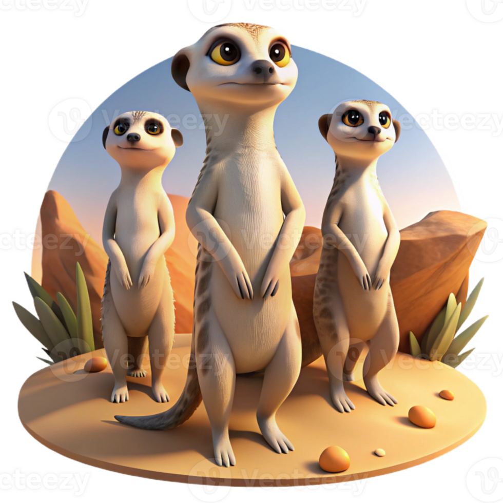 magnificent rustic dramatic vintage A group of meerkats standing on their hind legs, alert and curious, desert setting, bright sunlight, realistic style original exclusive png