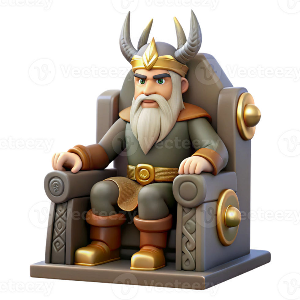vibrant minimalist serene traditional Odin, the Allfather, sitting on his throne, majestic and imposing, Viking art style professional high quality png