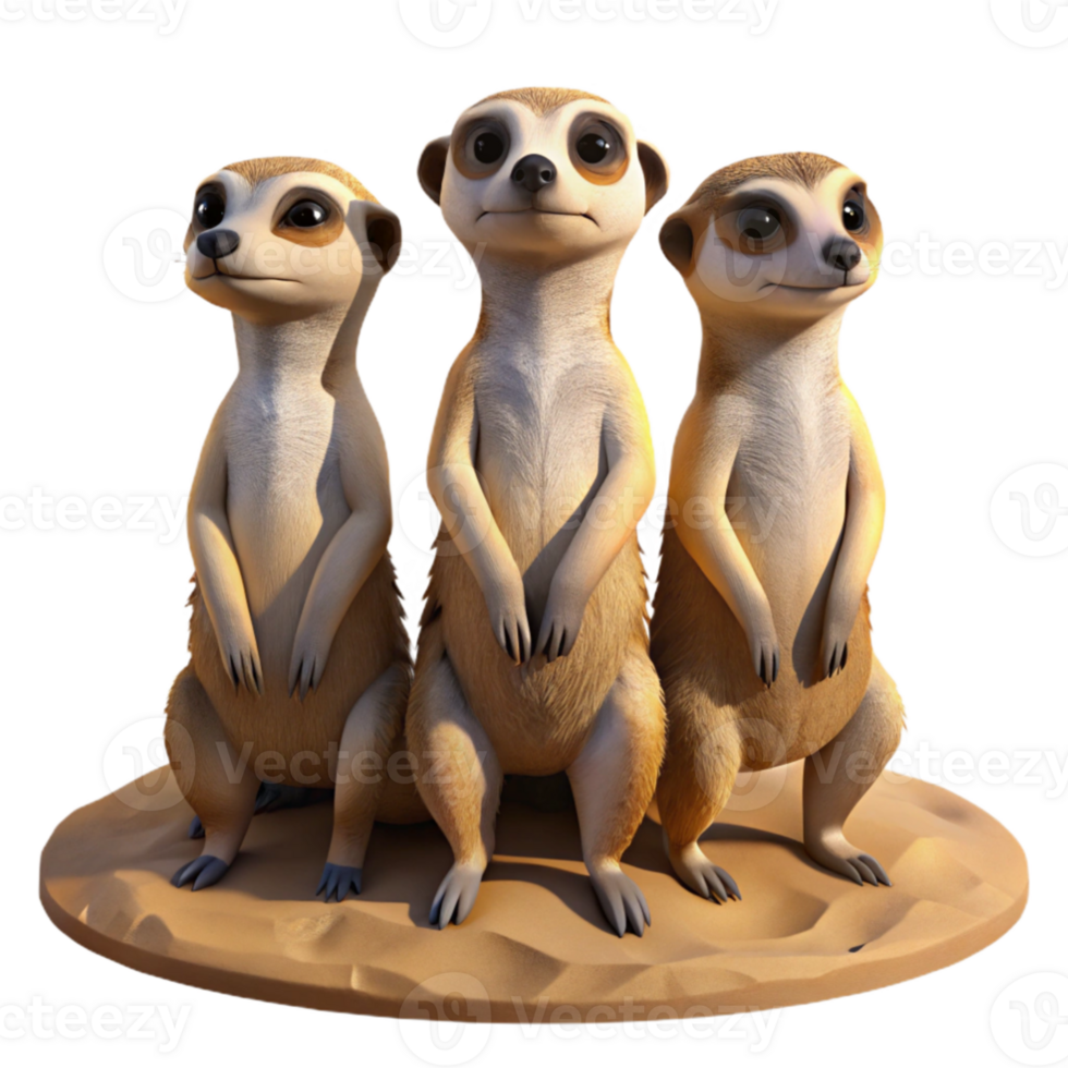 wonderful modern dramatic traditional A group of meerkats standing on their hind legs, alert and curious, desert setting, bright sunlight, realistic style 4K high resolution png