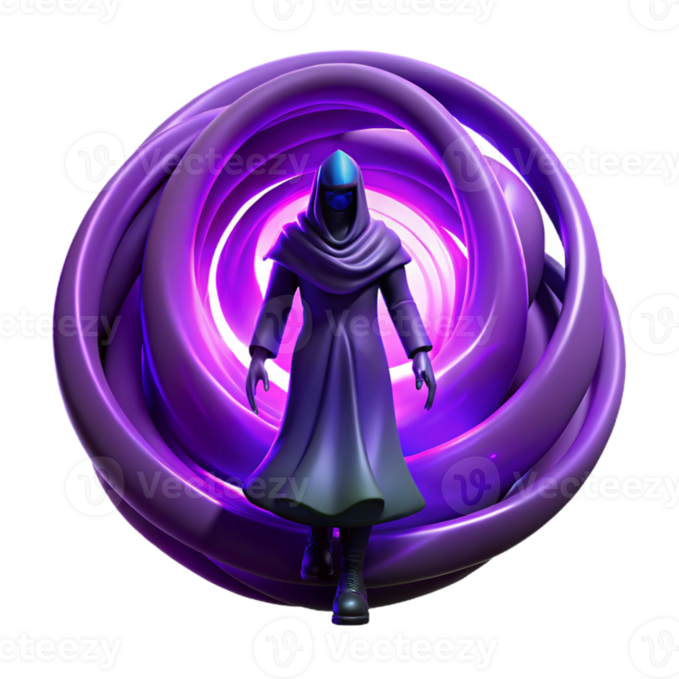dramatic rustic elegant artistic A lone, cloaked figure with glowing blue eyes standing before a swirling vortex of purple energy, dark fantasy style, ominous lighting, Greg Rutkowski original... png