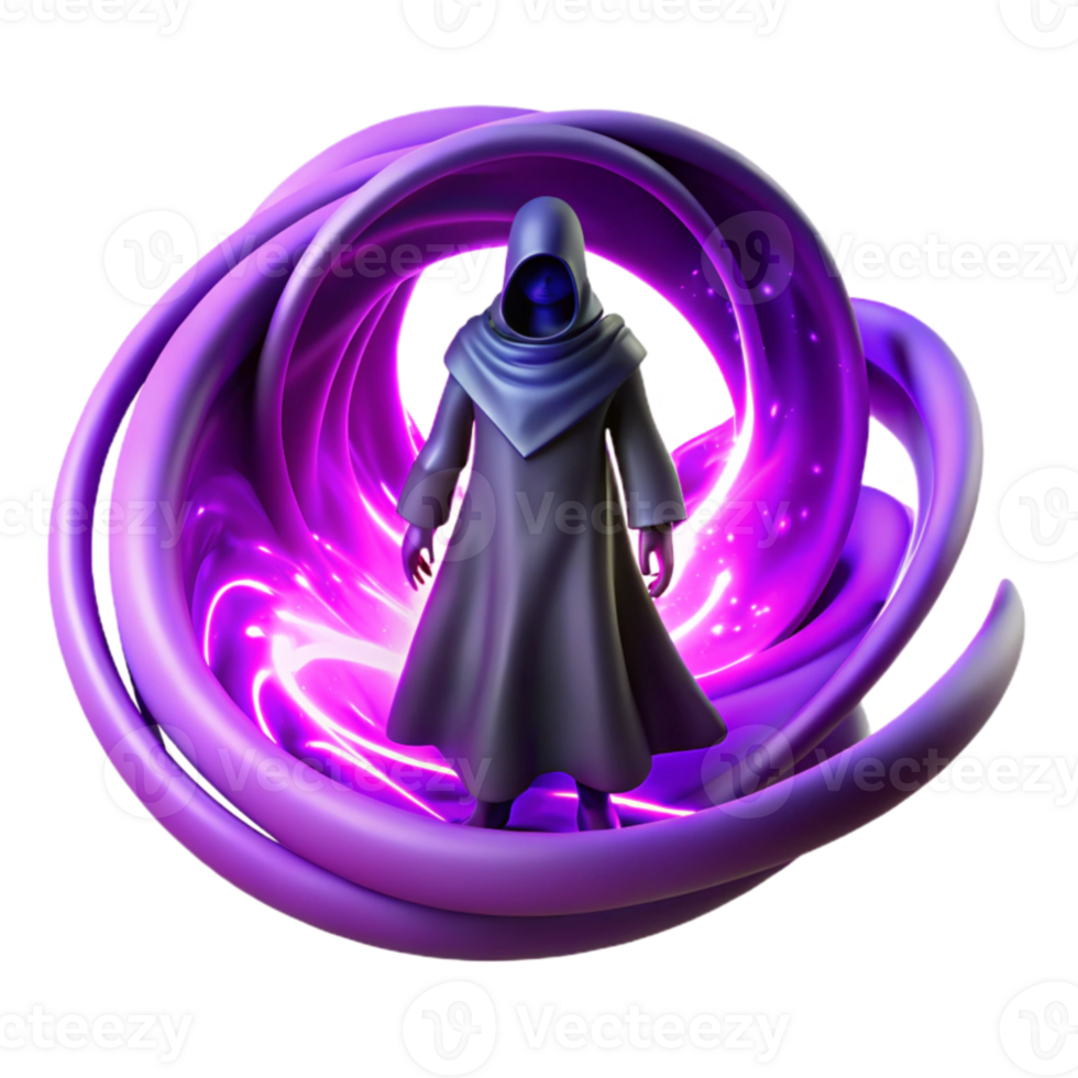 beautiful artistic vibrant abstract A lone, cloaked figure with glowing blue eyes standing before a swirling vortex of purple energy, dark fantasy style, ominous lighting, Greg Rutkowski high... png