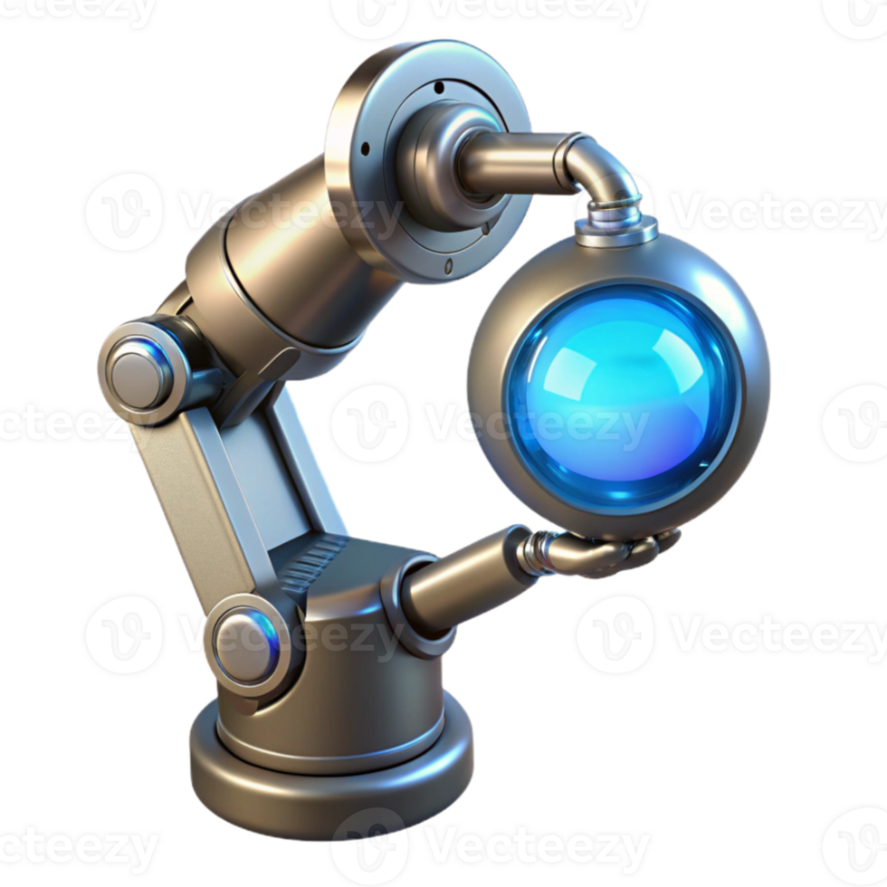 impressive modern magnificent creative A chrome robotic arm delicately holding a glowing orb of data, intricate circuitry visible beneath its polished surface, lit by a single spotlight from... png