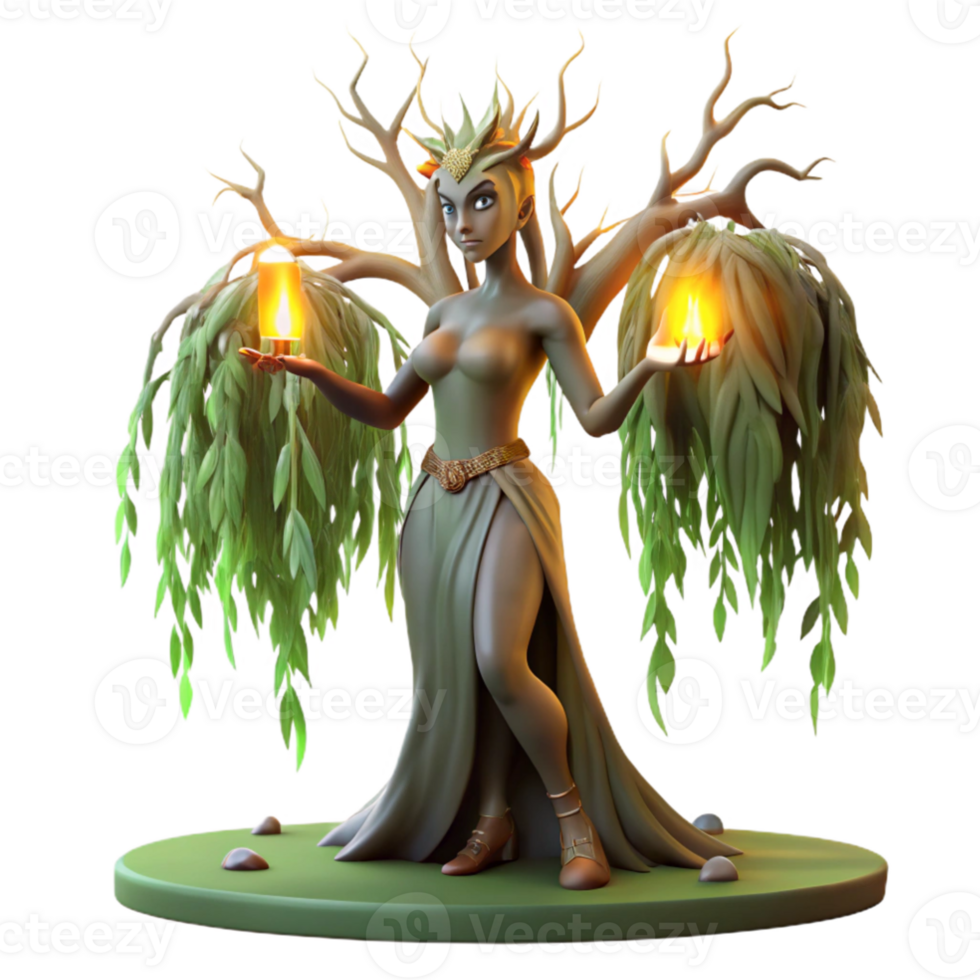 stunning artistic wonderful abstract A lone, ethereal dryad emerging from a glowing willow tree, her skin crafted from bark and moss, eyes glowing with faerie fire.... png