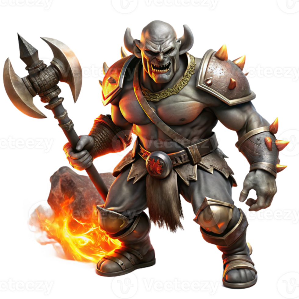 extraordinary abstract impressive modern A fierce orc chieftain wielding a flaming battle axe, clad in blackened plate armor, surrounded by swirling embers and smoke.... png