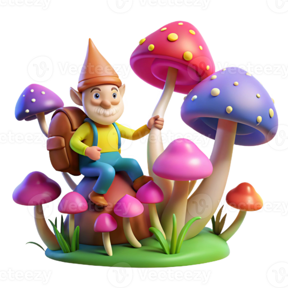 beautiful vintage wonderful rustic A whimsical gnome riding a giant snail through a field of luminous mushrooms, vibrant, saturated colours, whimsical and cartoonish style.... png