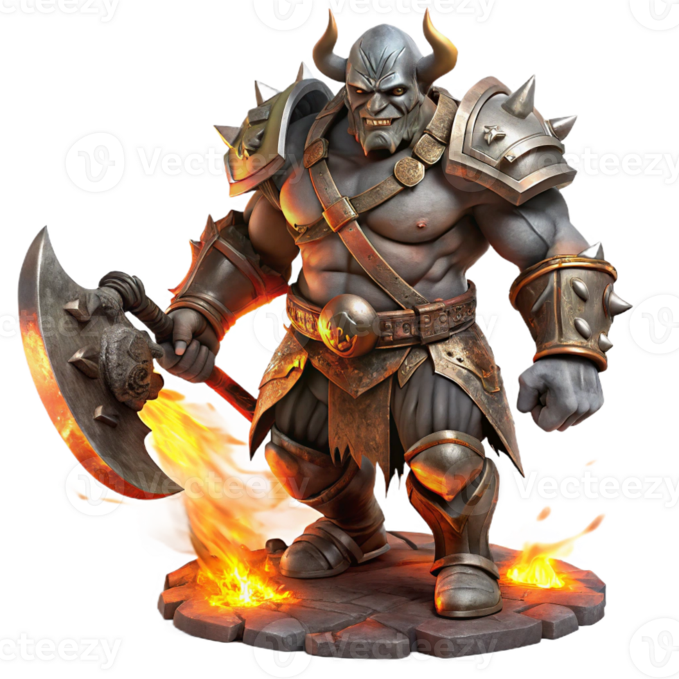 beautiful abstract stunning classic A fierce orc chieftain wielding a flaming battle axe, clad in blackened plate armor, surrounded by swirling embers and smoke. Dramatic, chiaroscuro lighting.... png