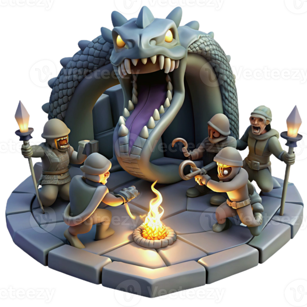 beautiful artistic impressive abstract A group of adventurers battling a monstrous hydra in a dark, cavernous dungeon, dynamic lighting from flickering torches.... png