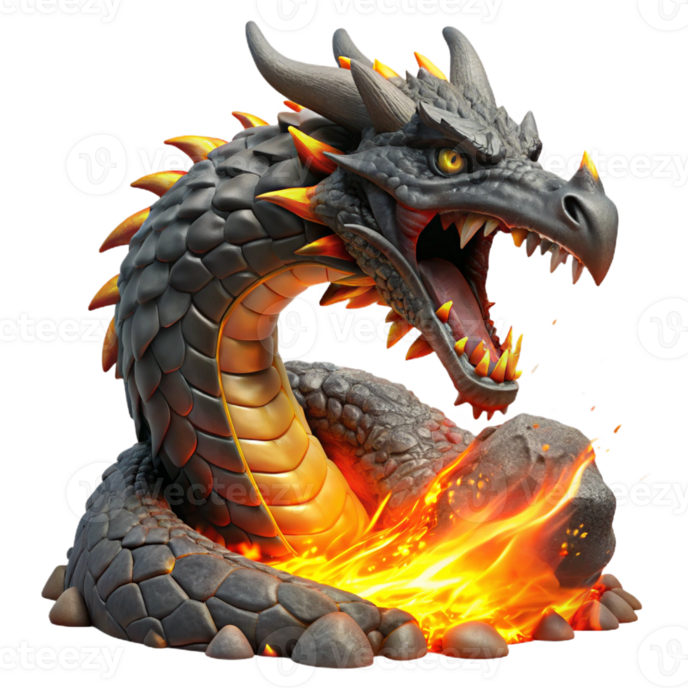 extraordinary artistic magnificent traditional A colossal dragon with scales of obsidian and ruby, breathing a stream of molten gold, illuminated by the fiery glow.... png