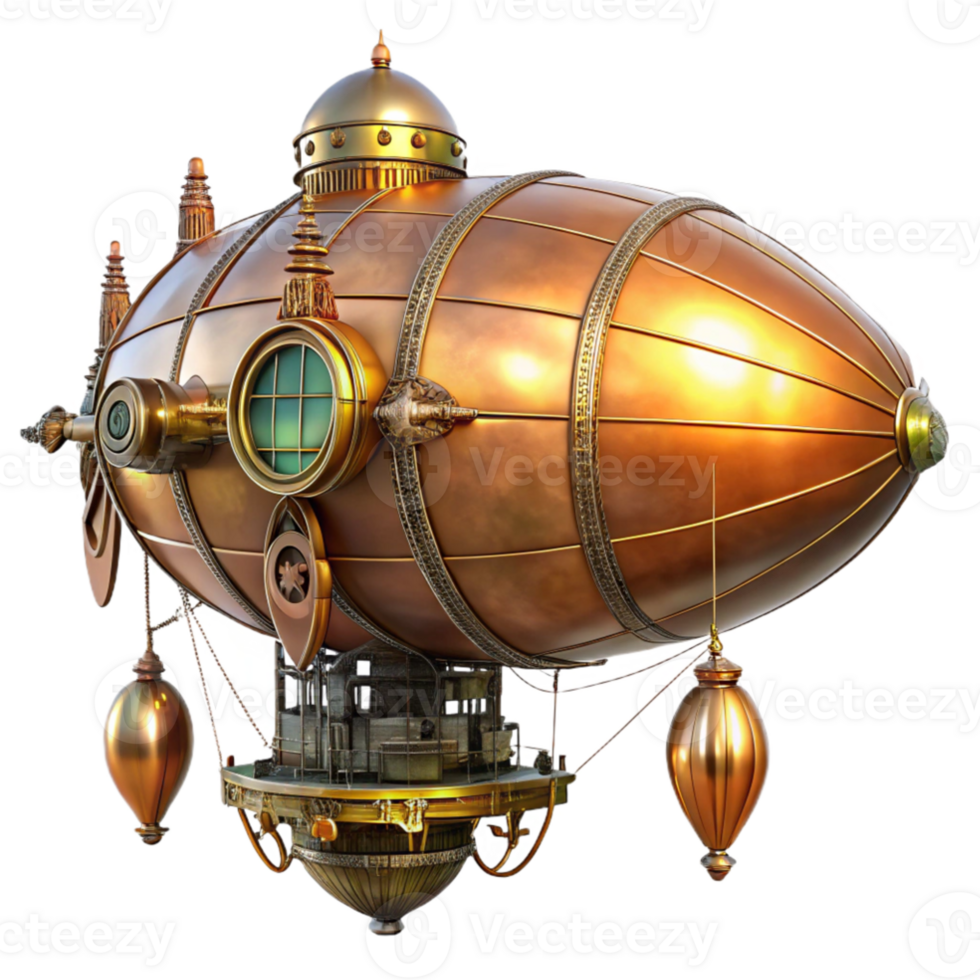 elegant classic vibrant classic A majestic steampunk airship, copper and brass, intricate clockwork gears exposed, illuminated by warm, golden sunset light, floating above a bustling Victorian... png