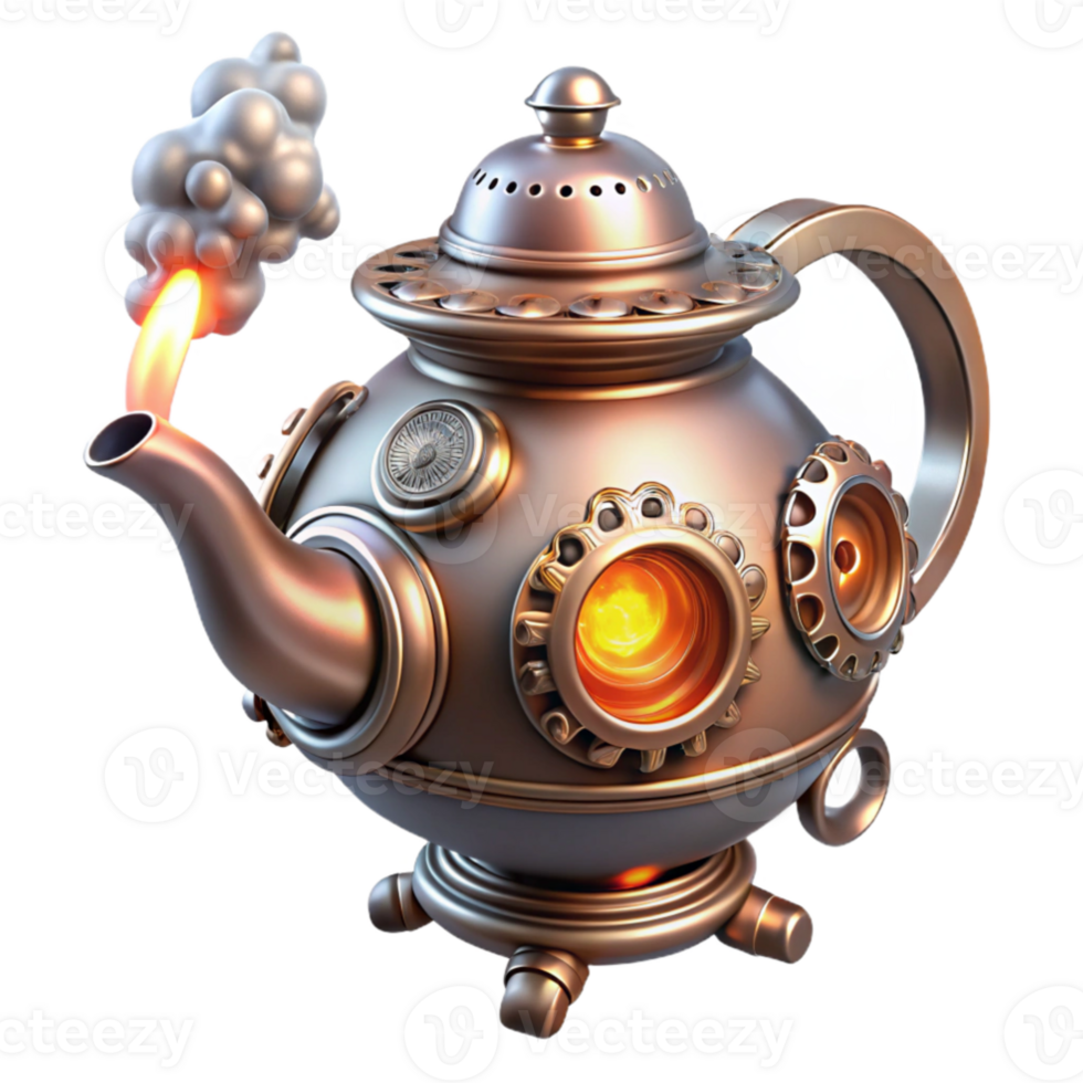 beautiful modern dramatic abstract A whimsical steampunk teapot, ornate silver with copper accents, steam billowing from its spout, gears and pipes intricately interwoven, lit by bright, whimsical... png