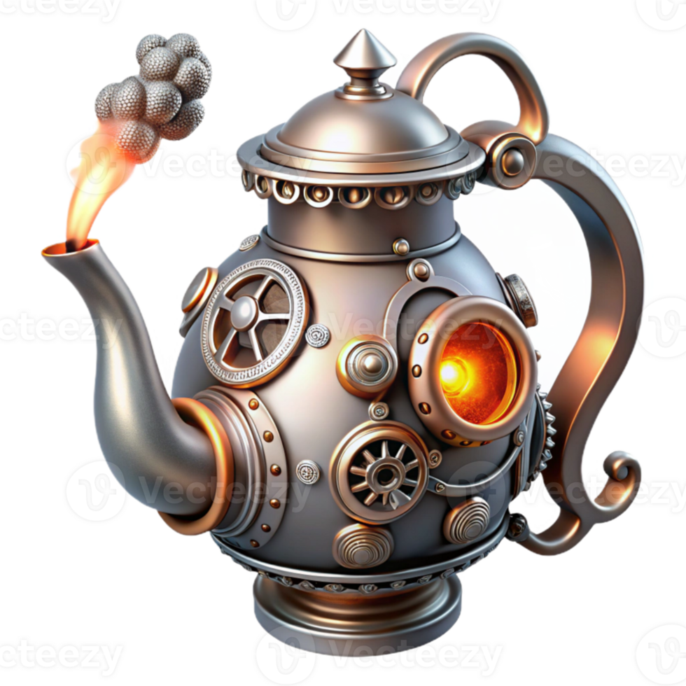 serene modern elegant rustic A whimsical steampunk teapot, ornate silver with copper accents, steam billowing from its spout, gears and pipes intricately interwoven, lit by bright, whimsical... png