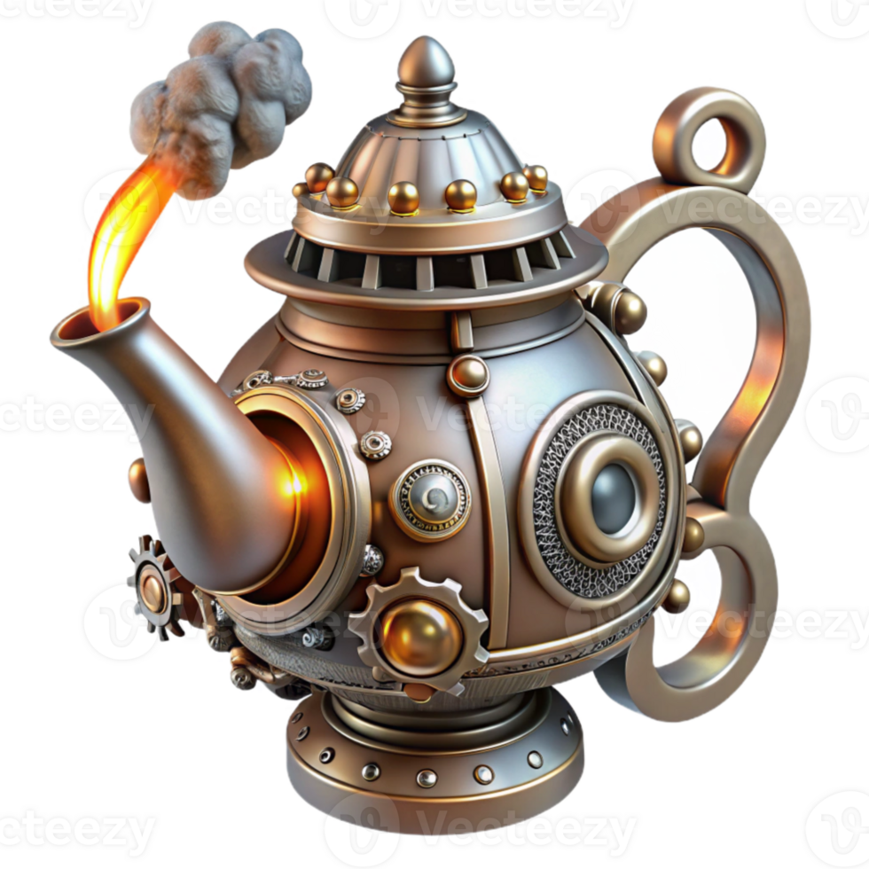 stunning creative serene vintage A whimsical steampunk teapot, ornate silver with copper accents, steam billowing from its spout, gears and pipes intricately interwoven, lit by bright, whimsical... png