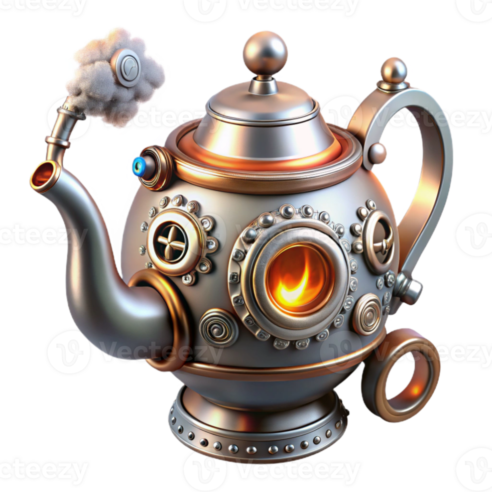 serene contemporary vibrant abstract A whimsical steampunk teapot, ornate silver with copper accents, steam billowing from its spout, gears and pipes intricately interwoven, lit by bright,... png