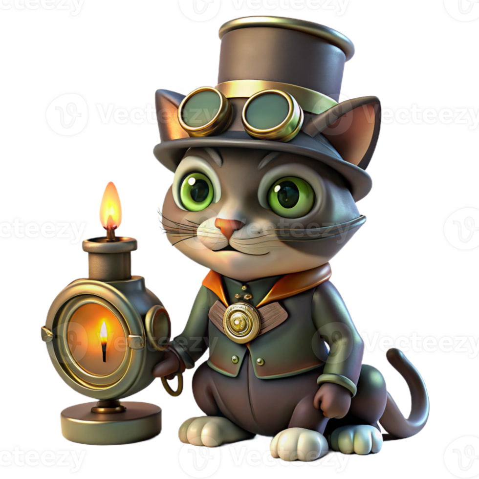 elegant rustic elegant classic A full-body portrait of a steampunk cat, wearing a tiny top hat and monocle, sitting beside a miniature clockwork contraption, lit by warm, flickering candlelight... png