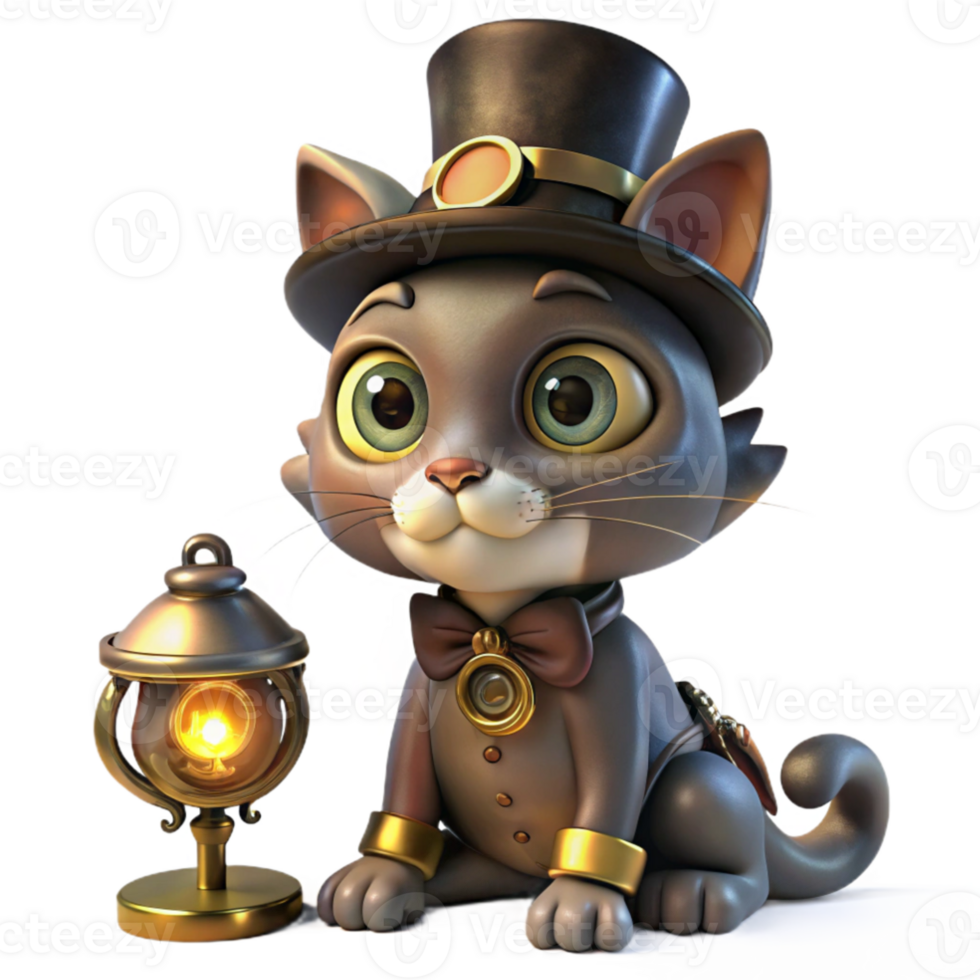 dramatic vintage dramatic modern A full-body portrait of a steampunk cat, wearing a tiny top hat and monocle, sitting beside a miniature clockwork contraption, lit by warm, flickering candlelight... png