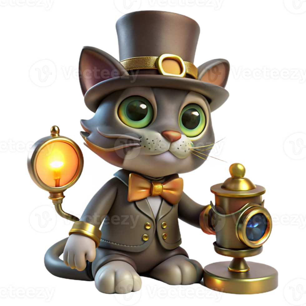 beautiful rustic extraordinary traditional A full-body portrait of a steampunk cat, wearing a tiny top hat and monocle, sitting beside a miniature clockwork contraption, lit by warm, flickering... png