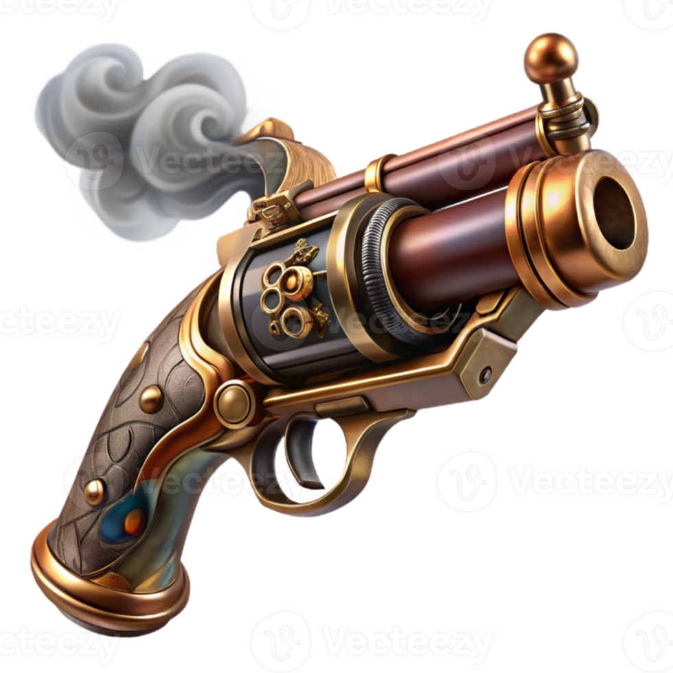 extraordinary abstract beautiful traditional A detailed illustration of a steampunk pistol, polished brass and dark wood, intricate engravings and gears, smoke curling from the barrel, lit by... png