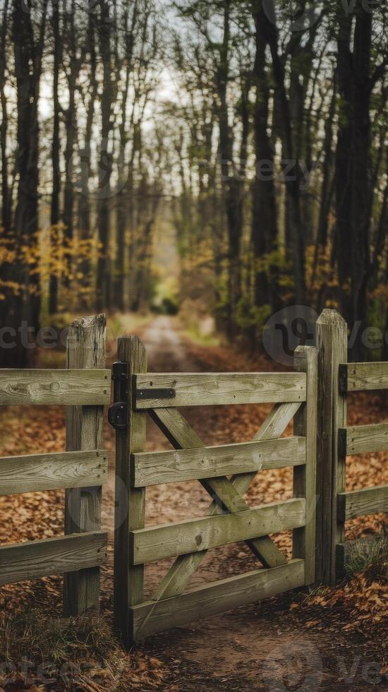 A wooden gate in the woods with leaves on the ground photo