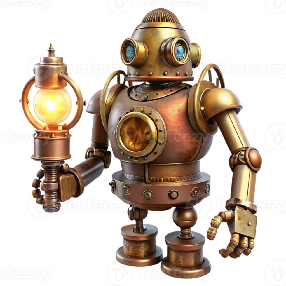 impressive abstract stunning traditional A detailed depiction of a steampunk robot, brass and copper, intricate gears and pipes exposed, holding a glowing lamp, lit by soft, ambient light... png