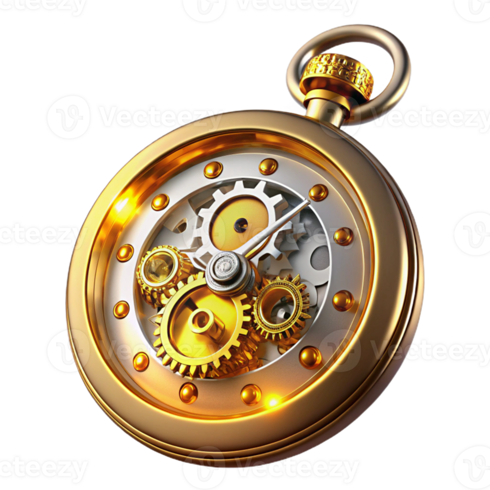 impressive modern magnificent rustic A close-up of a steampunk pocket watch, intricate gold and silver gears visible through a crystal face, roman numerals, lit by bright, white light exclusive... png