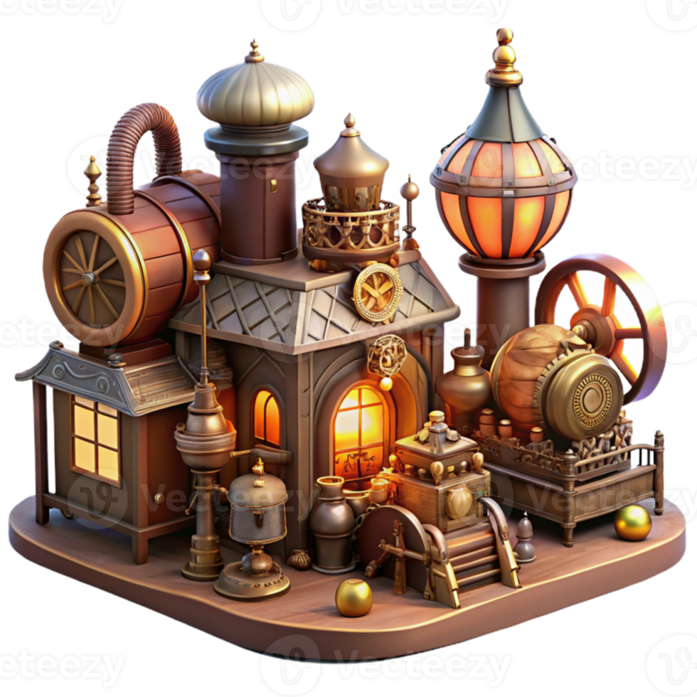 vibrant creative impressive abstract A bustling steampunk marketplace, filled with intricate gadgets and contraptions, vendors in elaborate costumes, lit by warm, flickering gaslight professional... png