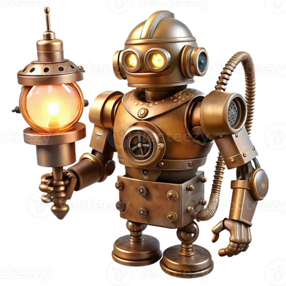 extraordinary creative impressive minimalist A detailed depiction of a steampunk robot, brass and copper, intricate gears and pipes exposed, holding a glowing lamp, lit by soft, ambient light high... png