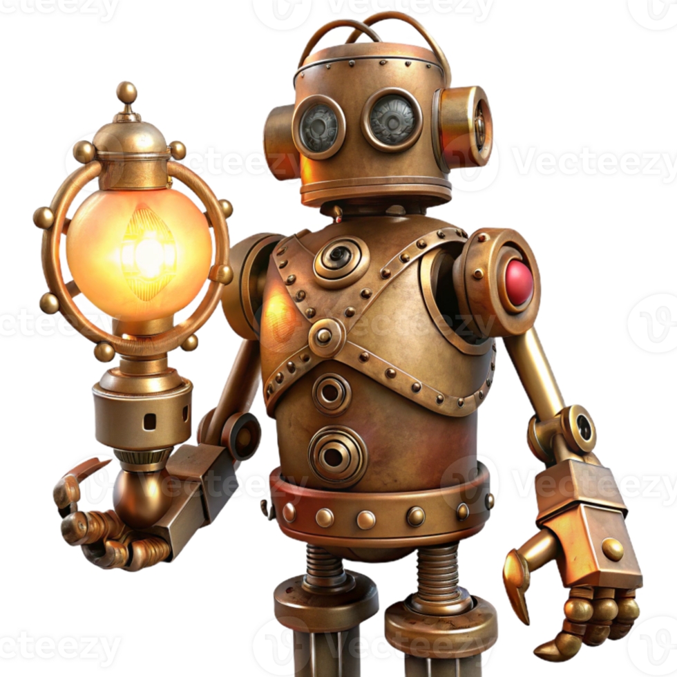 magnificent minimalist extraordinary abstract A detailed depiction of a steampunk robot, brass and copper, intricate gears and pipes exposed, holding a glowing lamp, lit by soft, ambient light... png