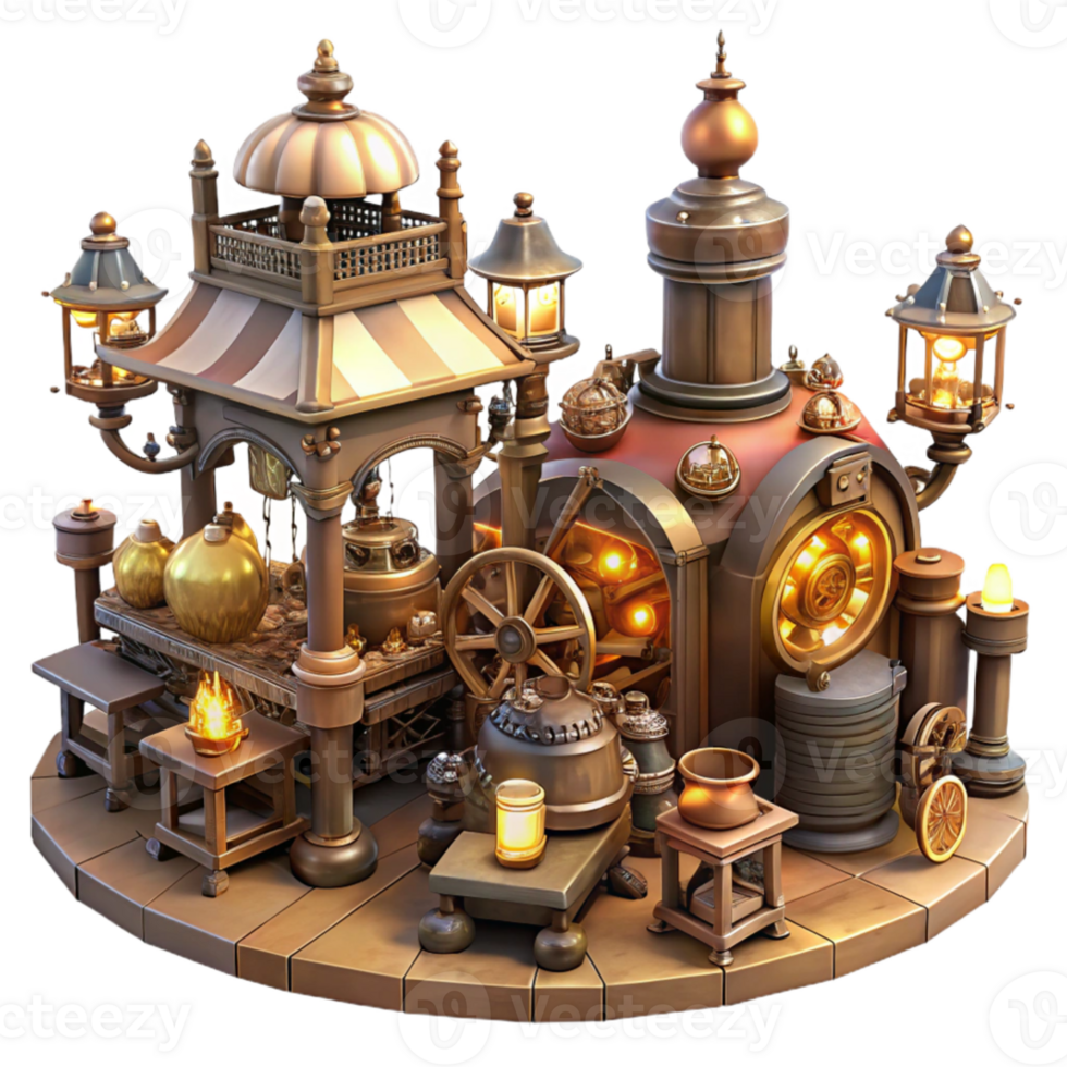 stunning modern stunning minimalist A bustling steampunk marketplace, filled with intricate gadgets and contraptions, vendors in elaborate costumes, lit by warm, flickering gaslight high quality... png