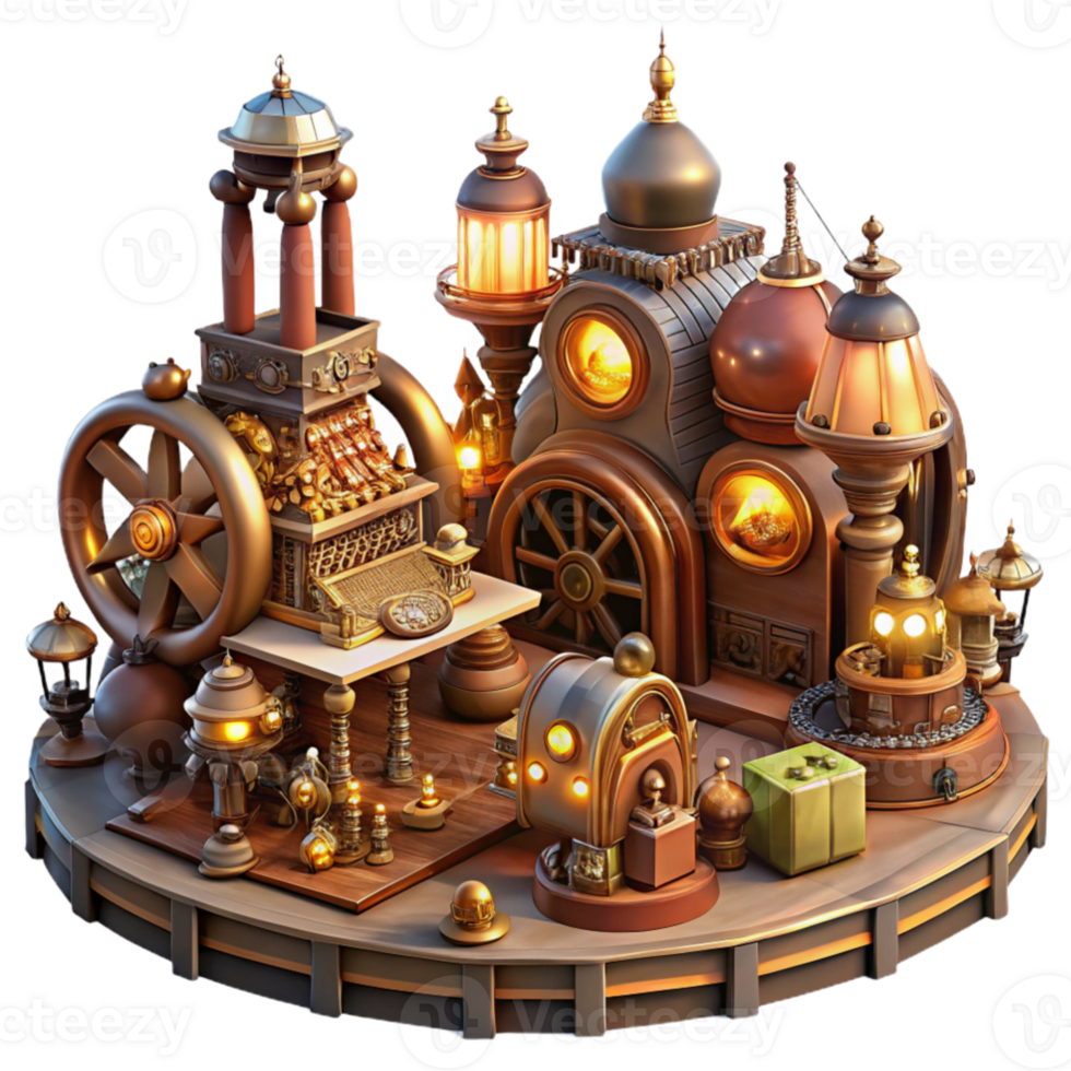 dramatic classic magnificent rustic A bustling steampunk marketplace, filled with intricate gadgets and contraptions, vendors in elaborate costumes, lit by warm, flickering gaslight high... png