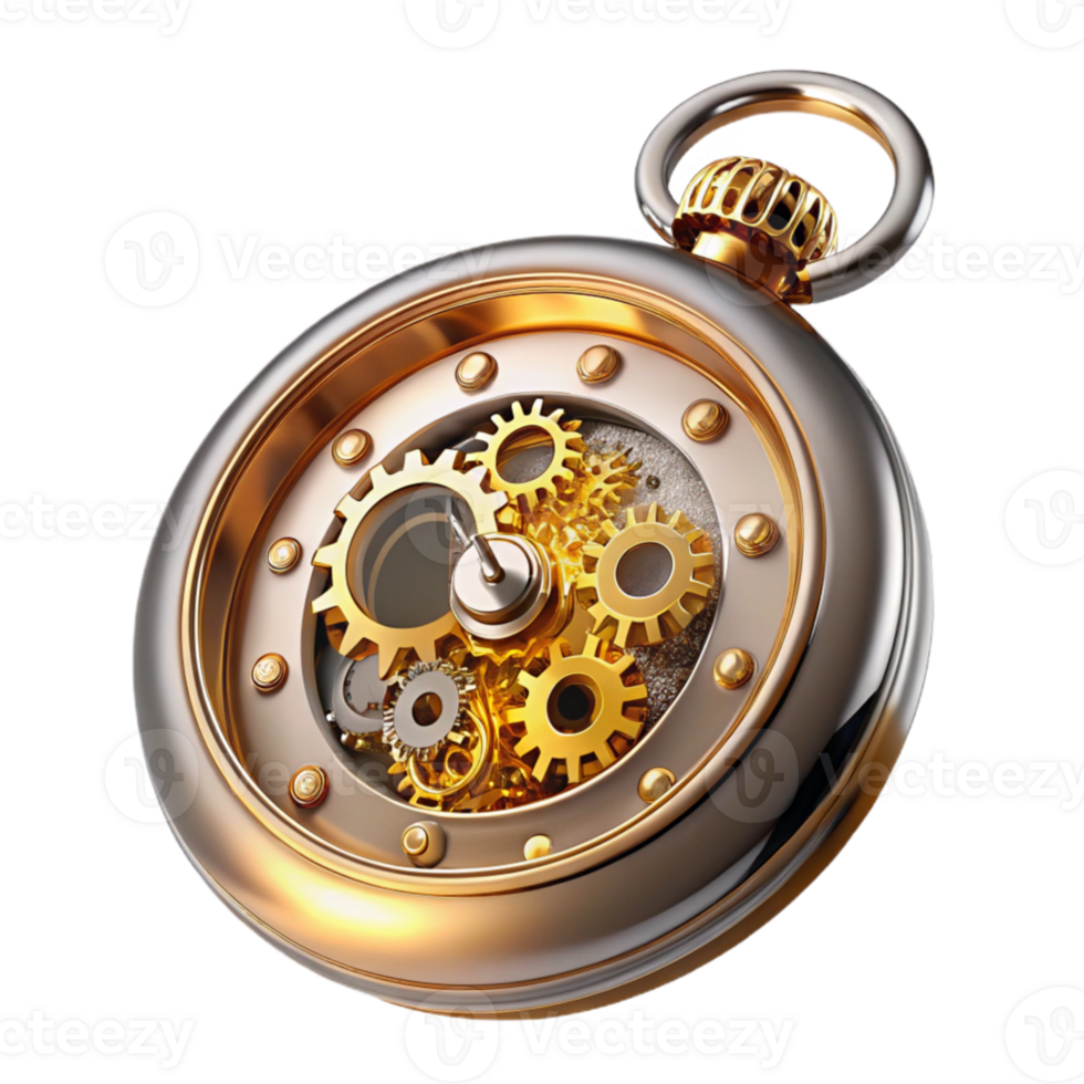 vibrant artistic stunning abstract A close-up of a steampunk pocket watch, intricate gold and silver gears visible through a crystal face, roman numerals, lit by bright, white light high... png