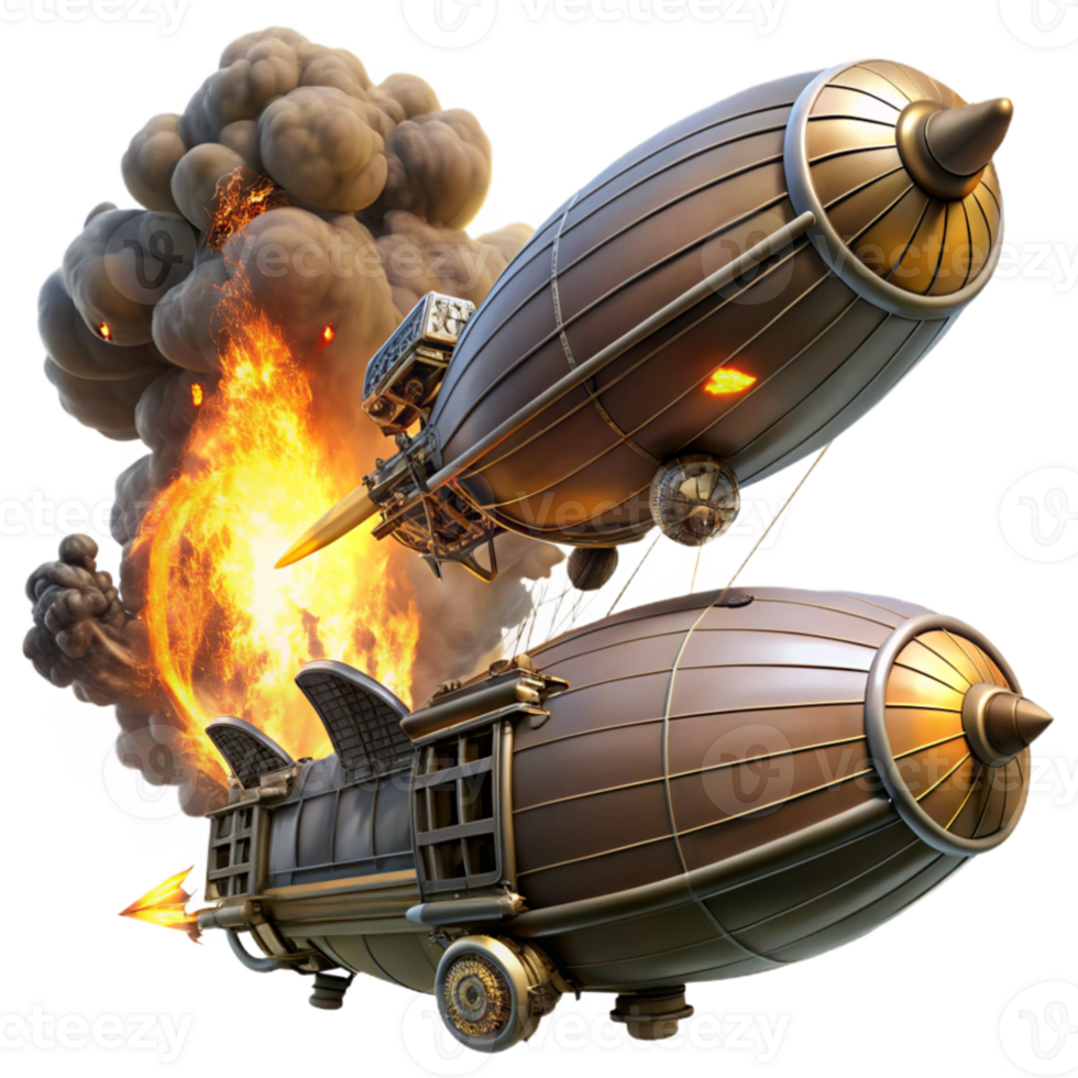 vibrant abstract magnificent artistic A dramatic scene of a steampunk airship battle, two airships locked in combat, explosions and smoke filling the air, lit by dramatic, fiery light high... png