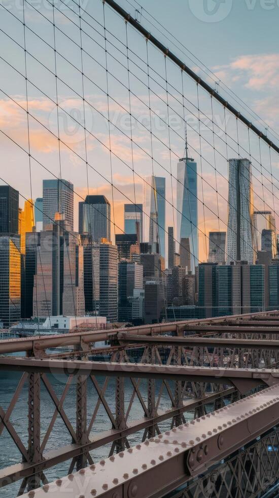 The brooklyn bridge at sunset in new york city photo