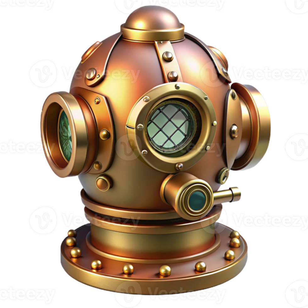 vibrant minimalist dramatic classic A detailed illustration of a steampunk diving suit, brass and copper with large glass portholes, intricate pressure gauges and valves, lit by cool, underwater... png