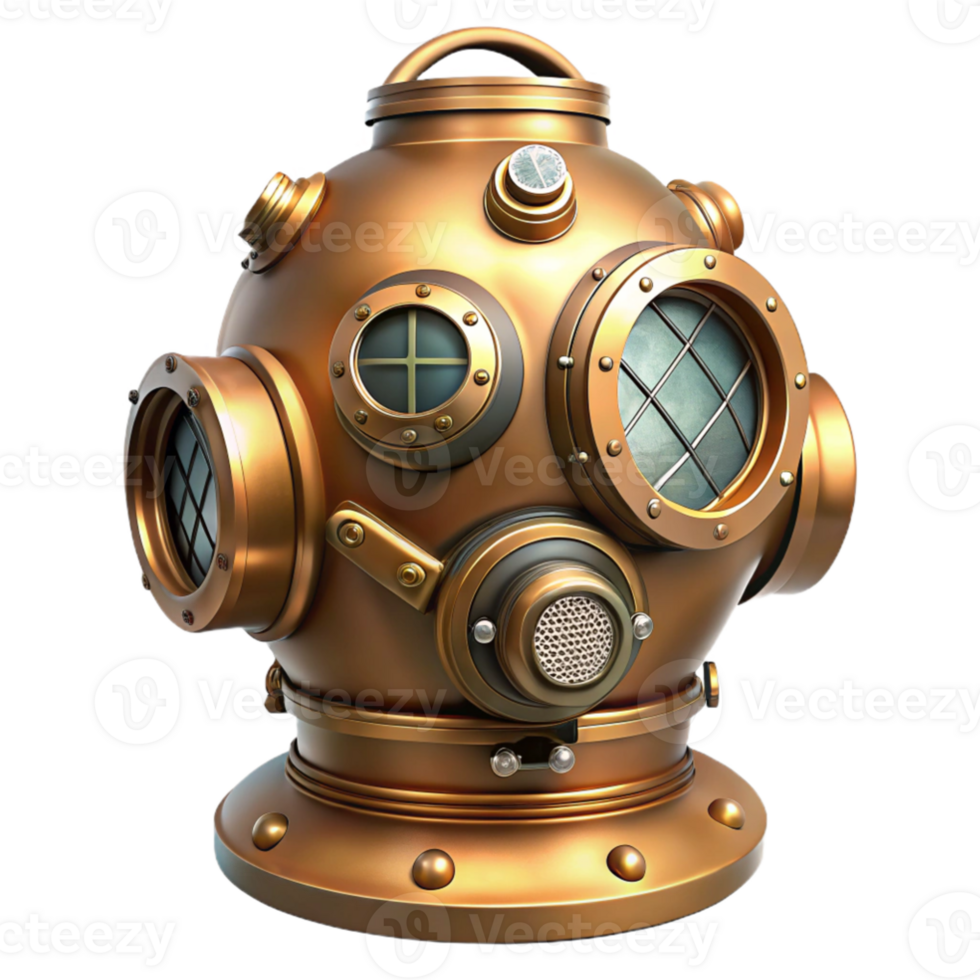 beautiful rustic beautiful creative A detailed illustration of a steampunk diving suit, brass and copper with large glass portholes, intricate pressure gauges and valves, lit by cool, underwater... png