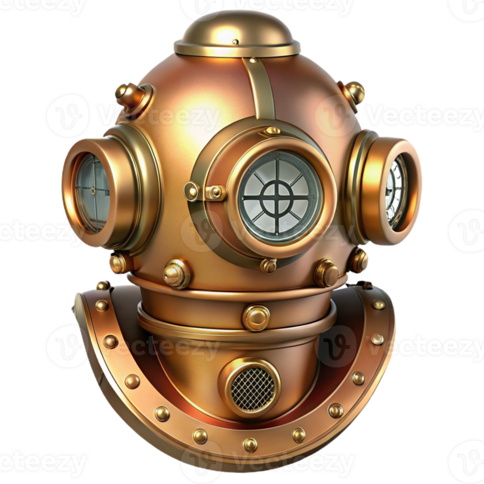 dramatic minimalist wonderful traditional A detailed illustration of a steampunk diving suit, brass and copper with large glass portholes, intricate pressure gauges and valves, lit by cool,... png