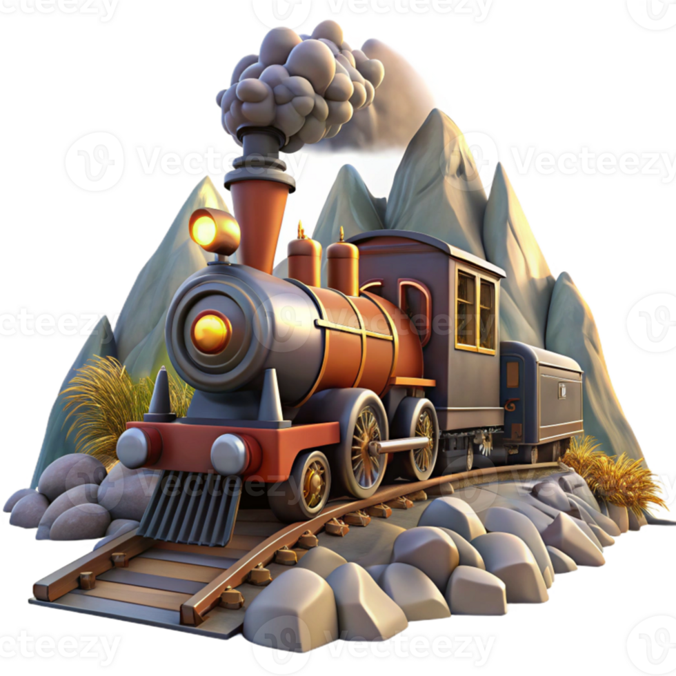 impressive minimalist extraordinary artistic A dynamic scene of a steampunk train speeding through a mountainous landscape, steam billowing from its engine, lit by bright, midday sunlight detailed... png